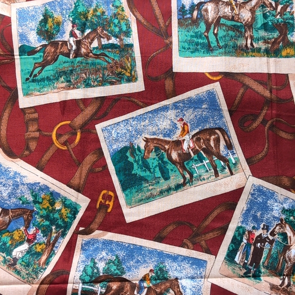 Vtg Horse Fabric Sketched Jockeys bridal straps.  52x108 - Picture 1 of 3